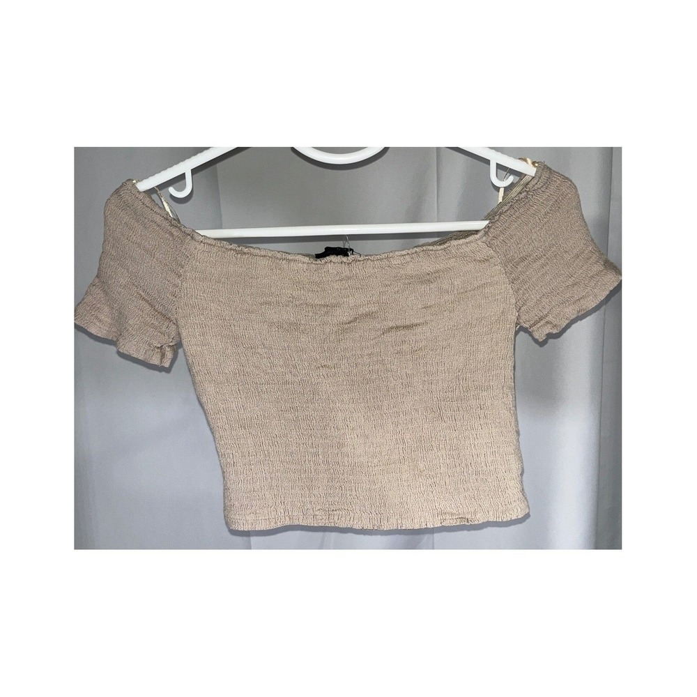 Ambiance Smocked Off The Shoulder Crop Top Beige Rayon Boho Summer Medium